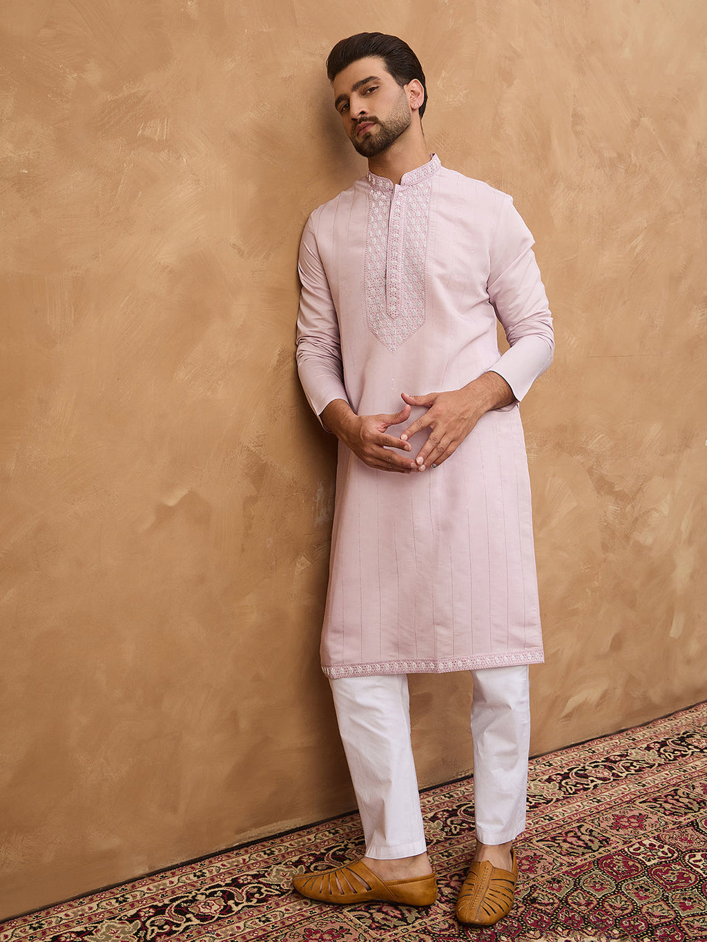 Men Lavender Silk Blend Solid Embroidered Straight Kurta-MKU1449
