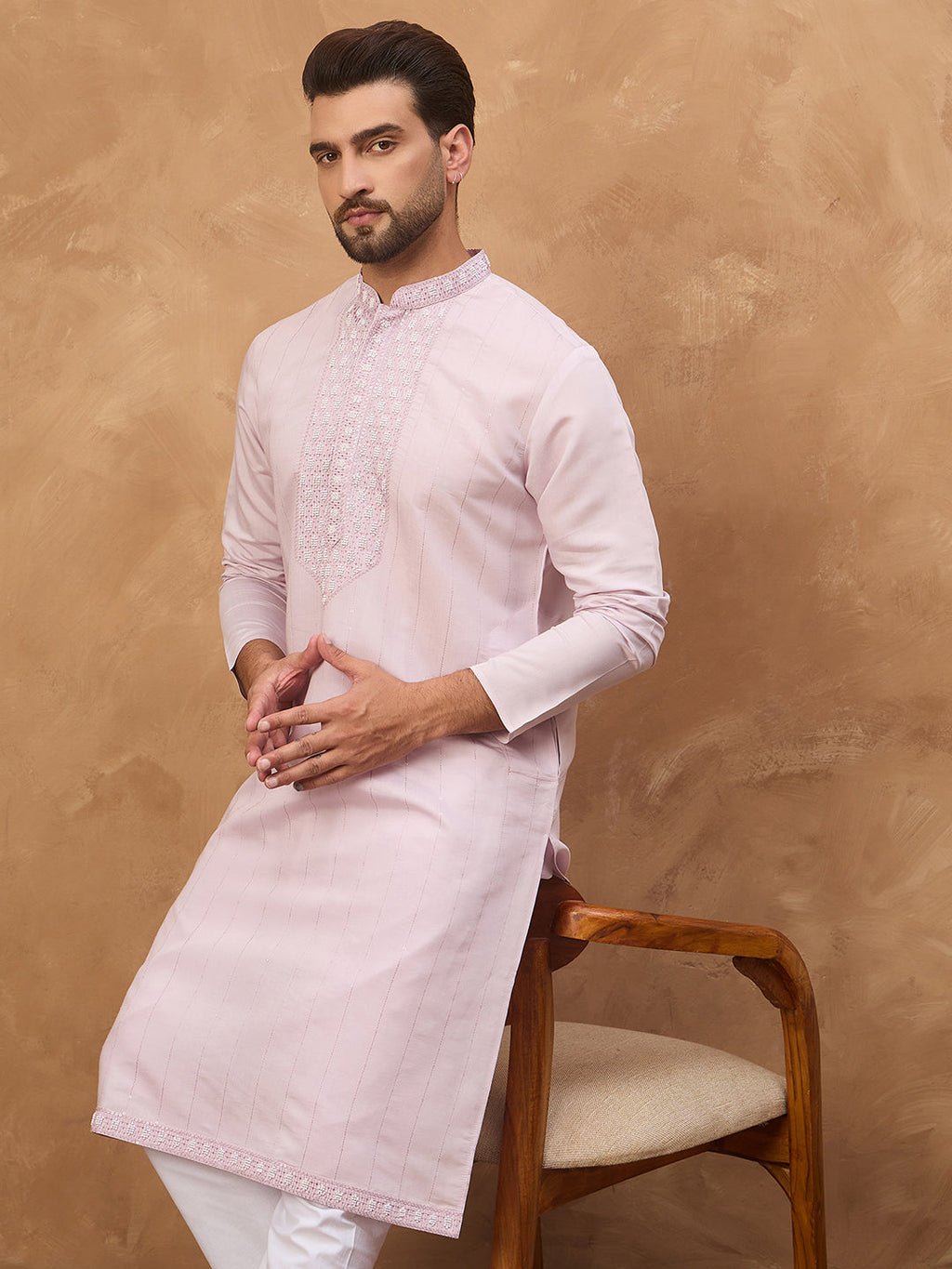 Men Lavender Silk Blend Solid Embroidered Straight Kurta-MKU1449