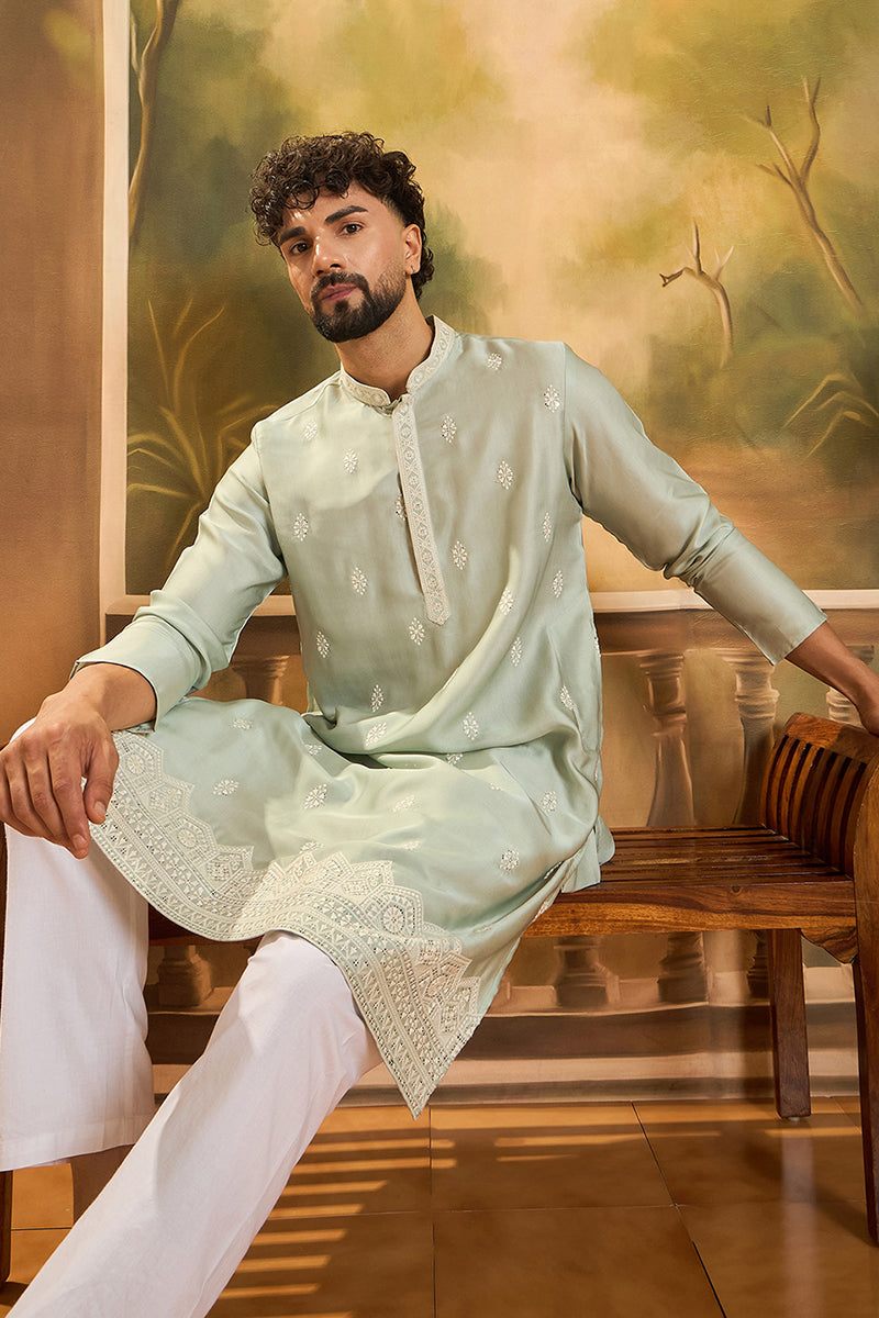 Green Silk Solid Embroidered Straight Kurta MKU1450