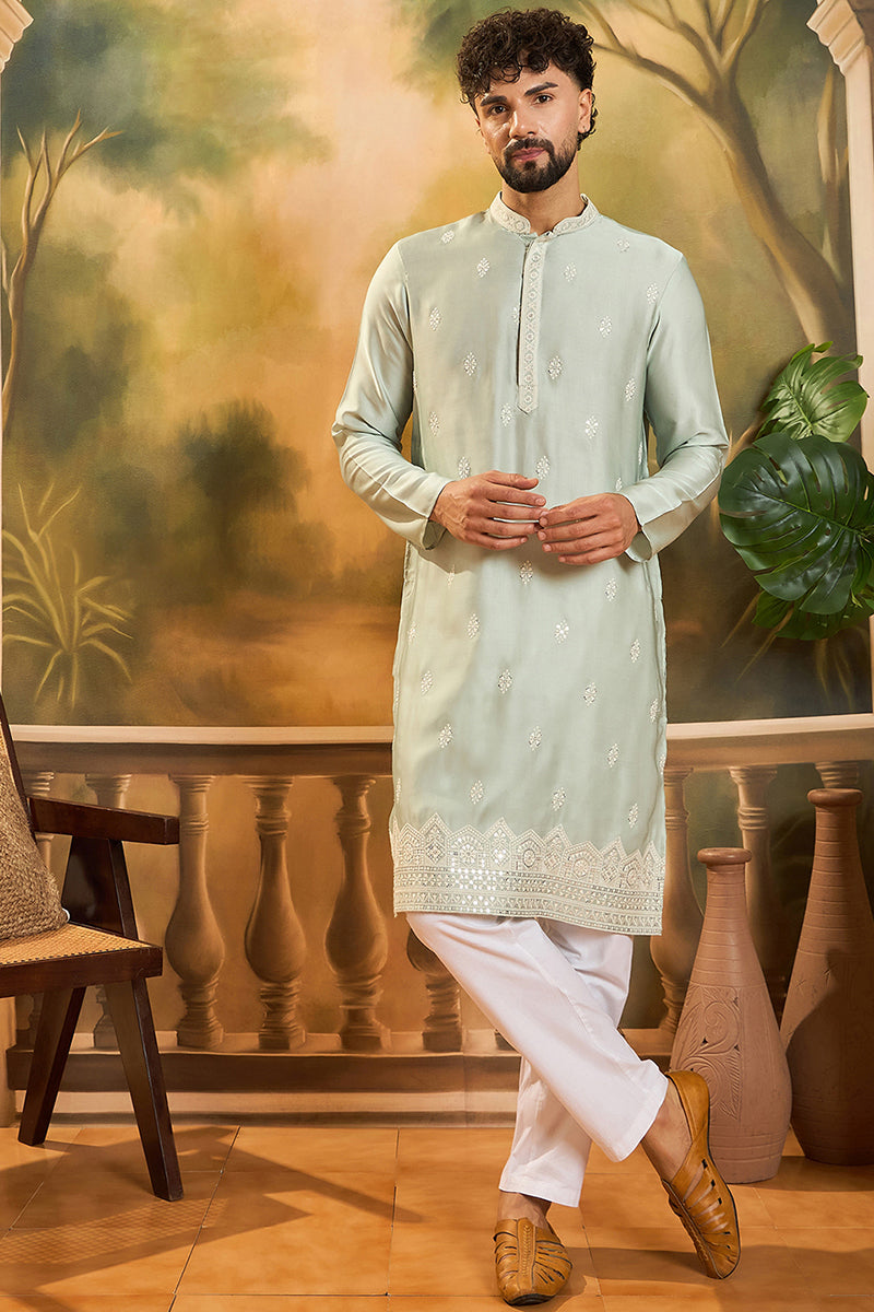 Green Silk Solid Embroidered Straight Kurta MKU1450