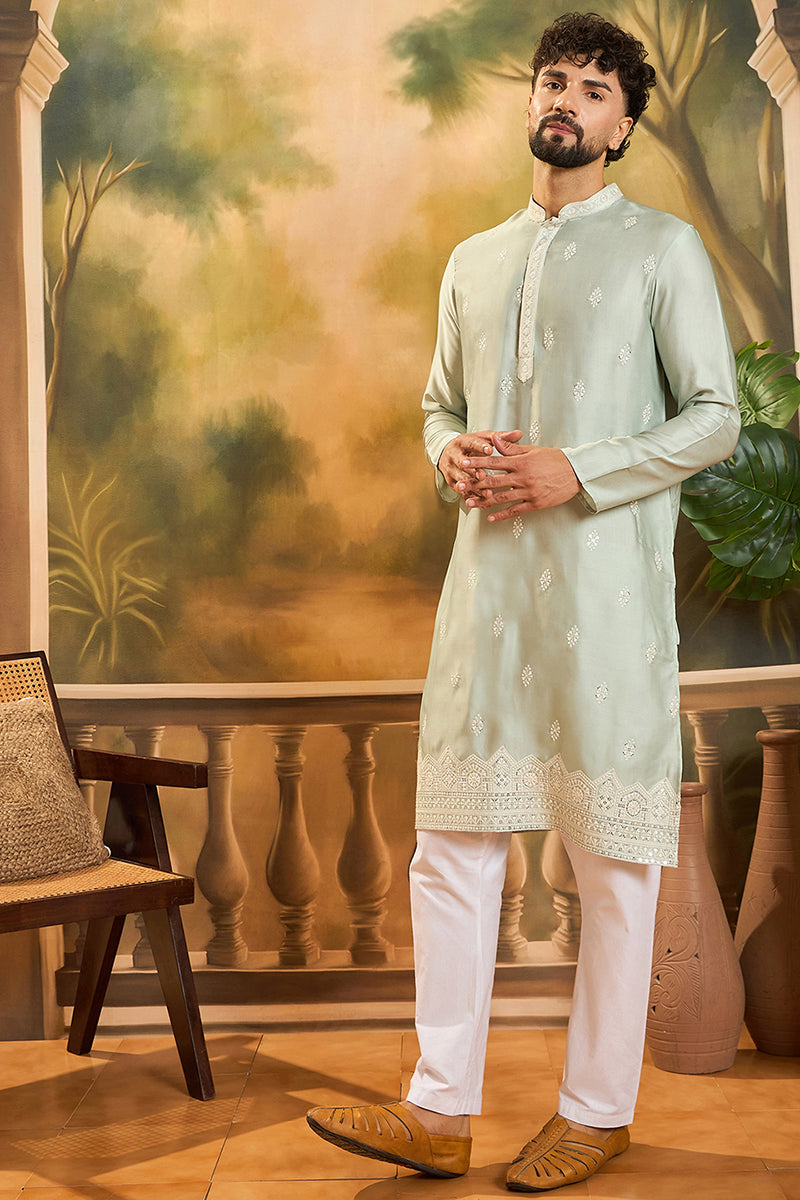 Green Silk Solid Embroidered Straight Kurta MKU1450