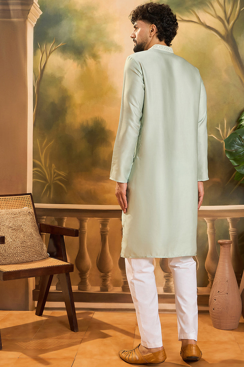 Green Silk Solid Embroidered Straight Kurta MKU1450