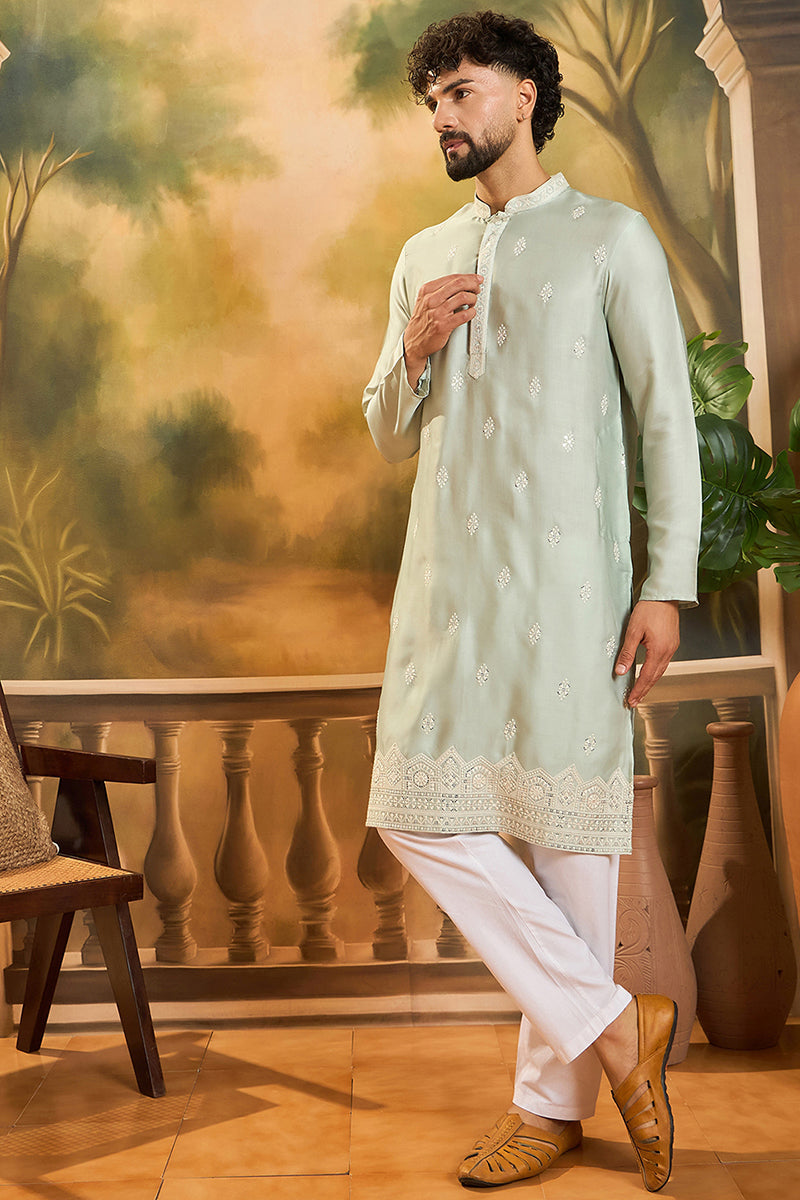 Green Silk Solid Embroidered Straight Kurta MKU1450