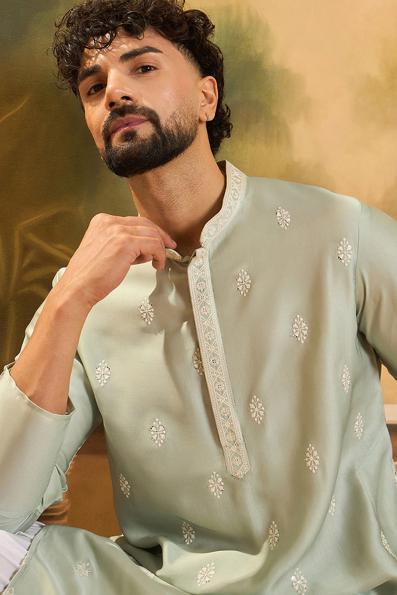 Green Silk Solid Embroidered Straight Kurta MKU1450