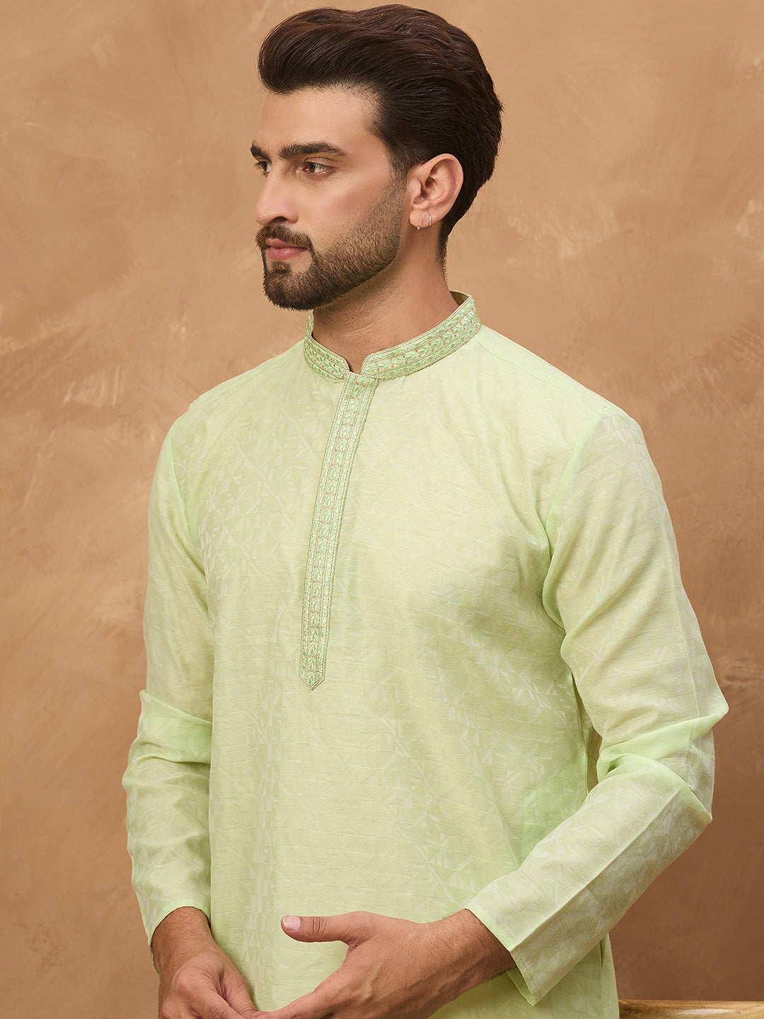 Men Green Silk Blend Solid Embroidered Straight Kurta-MKU1451