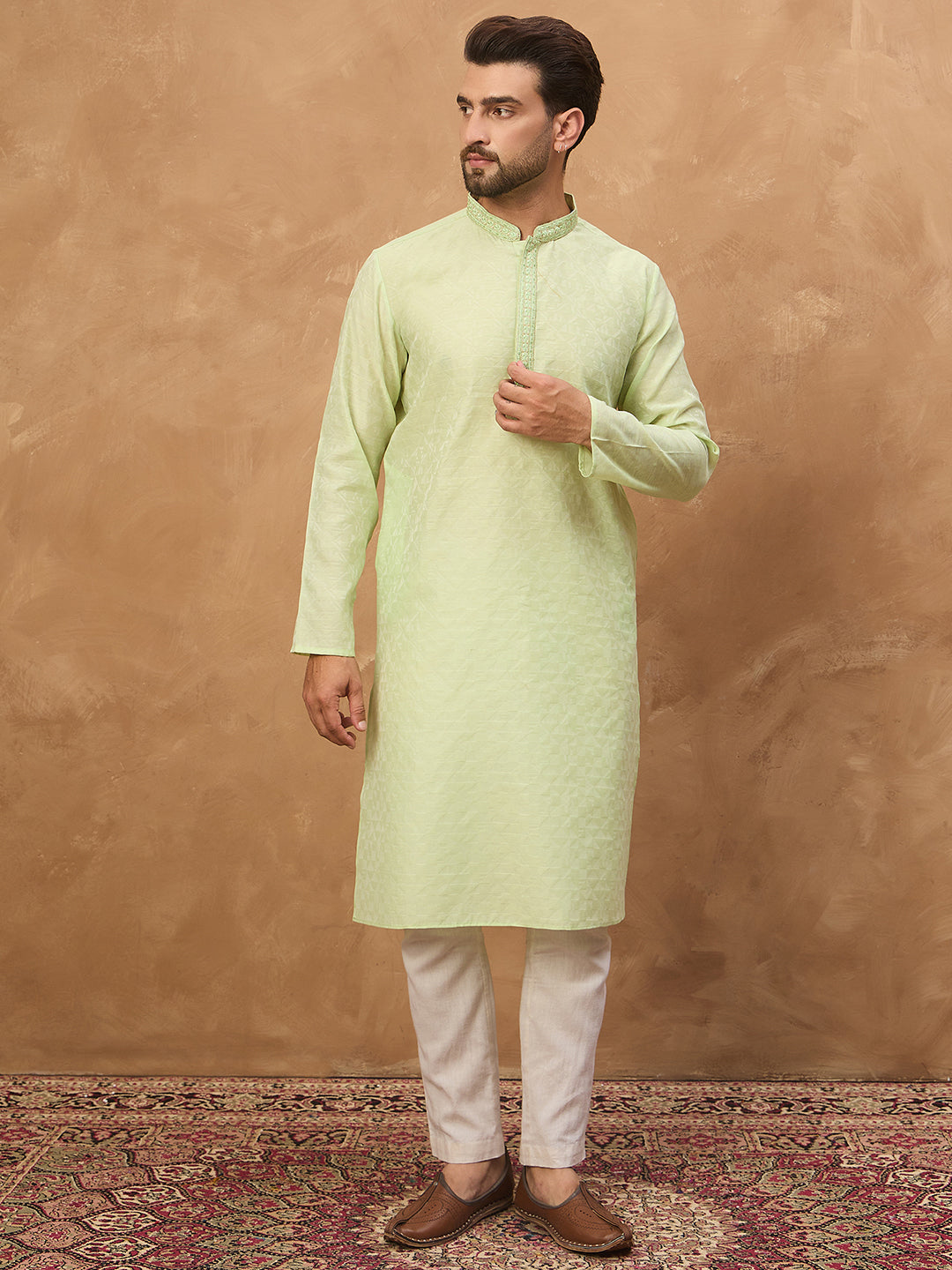 Men Green Silk Blend Solid Embroidered Straight Kurta-MKU1451