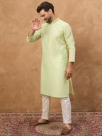 Men Green Silk Blend Solid Embroidered Straight Kurta-MKU1451
