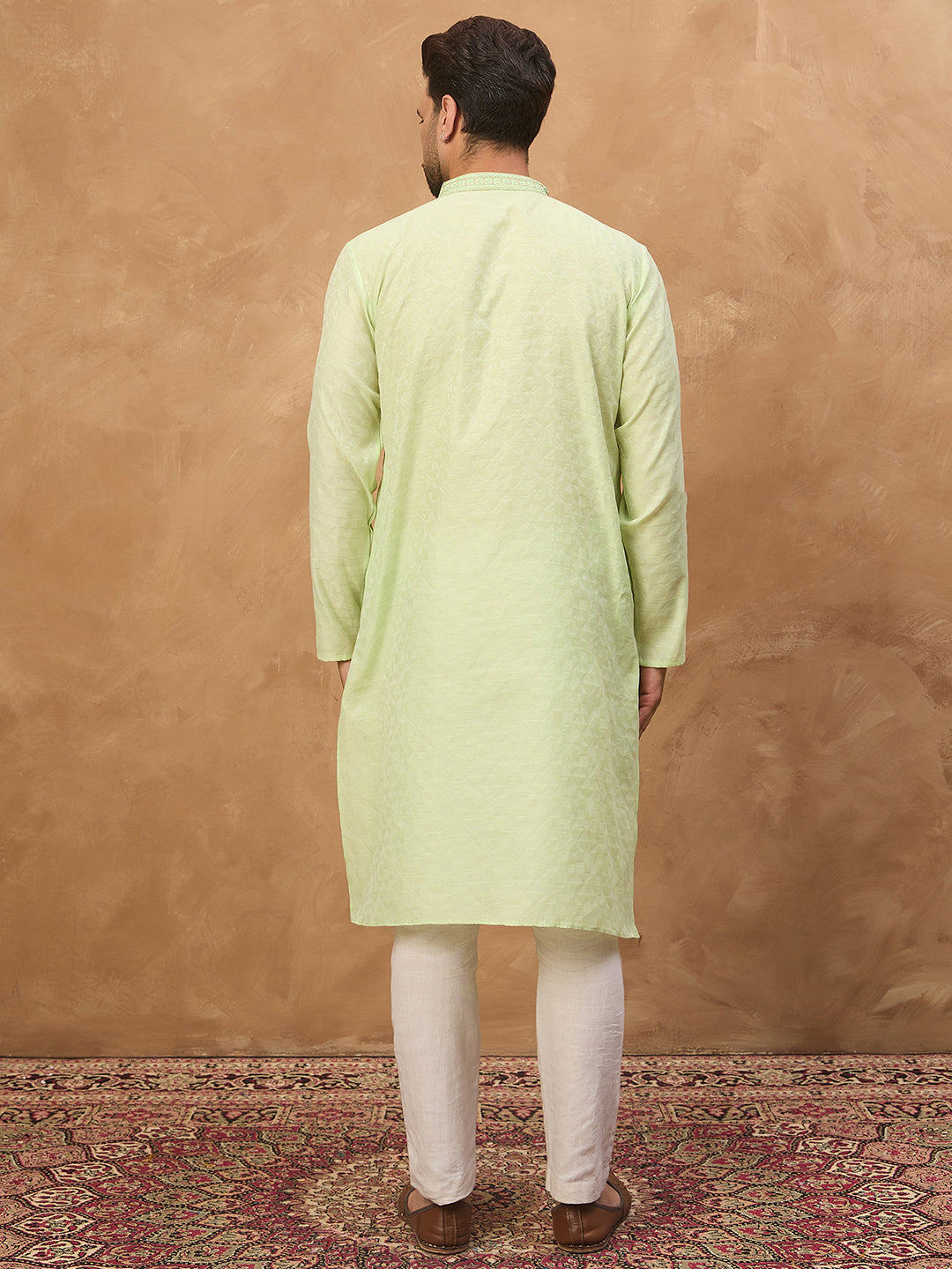 Men Green Silk Blend Solid Embroidered Straight Kurta-MKU1451