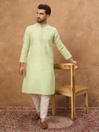 Men Green Silk Blend Solid Embroidered Straight Kurta-MKU1451
