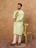Men Green Silk Blend Solid Embroidered Straight Kurta-MKU1451