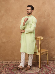 Men Green Silk Blend Solid Embroidered Straight Kurta-MKU1451