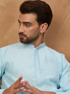 Men Blue Silk Blend Solid Embroidered Straight Kurta-MKU1452