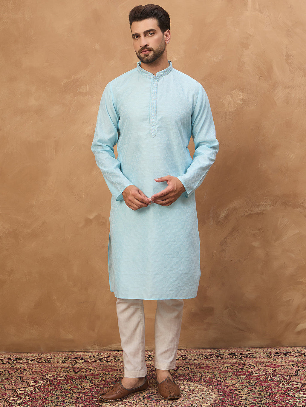 Men Blue Silk Blend Solid Embroidered Straight Kurta-MKU1452