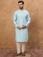 Men Blue Silk Blend Solid Embroidered Straight Kurta-MKU1452