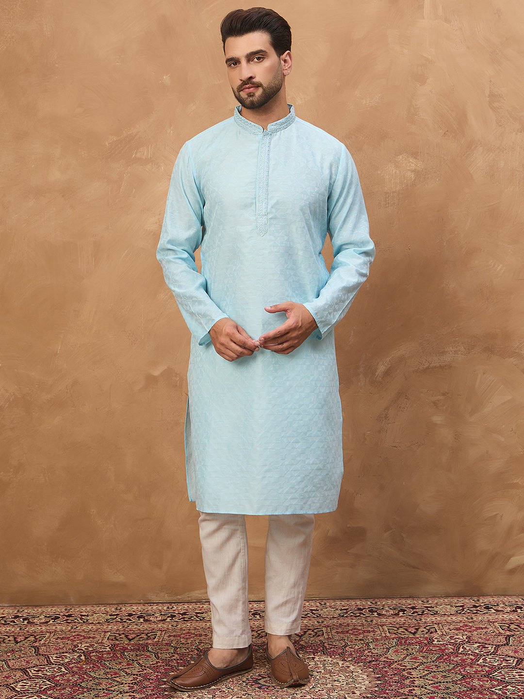 Men Blue Silk Blend Solid Embroidered Straight Kurta-MKU1452