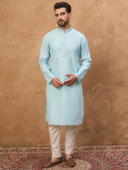 Men Blue Silk Blend Solid Embroidered Straight Kurta-MKU1452