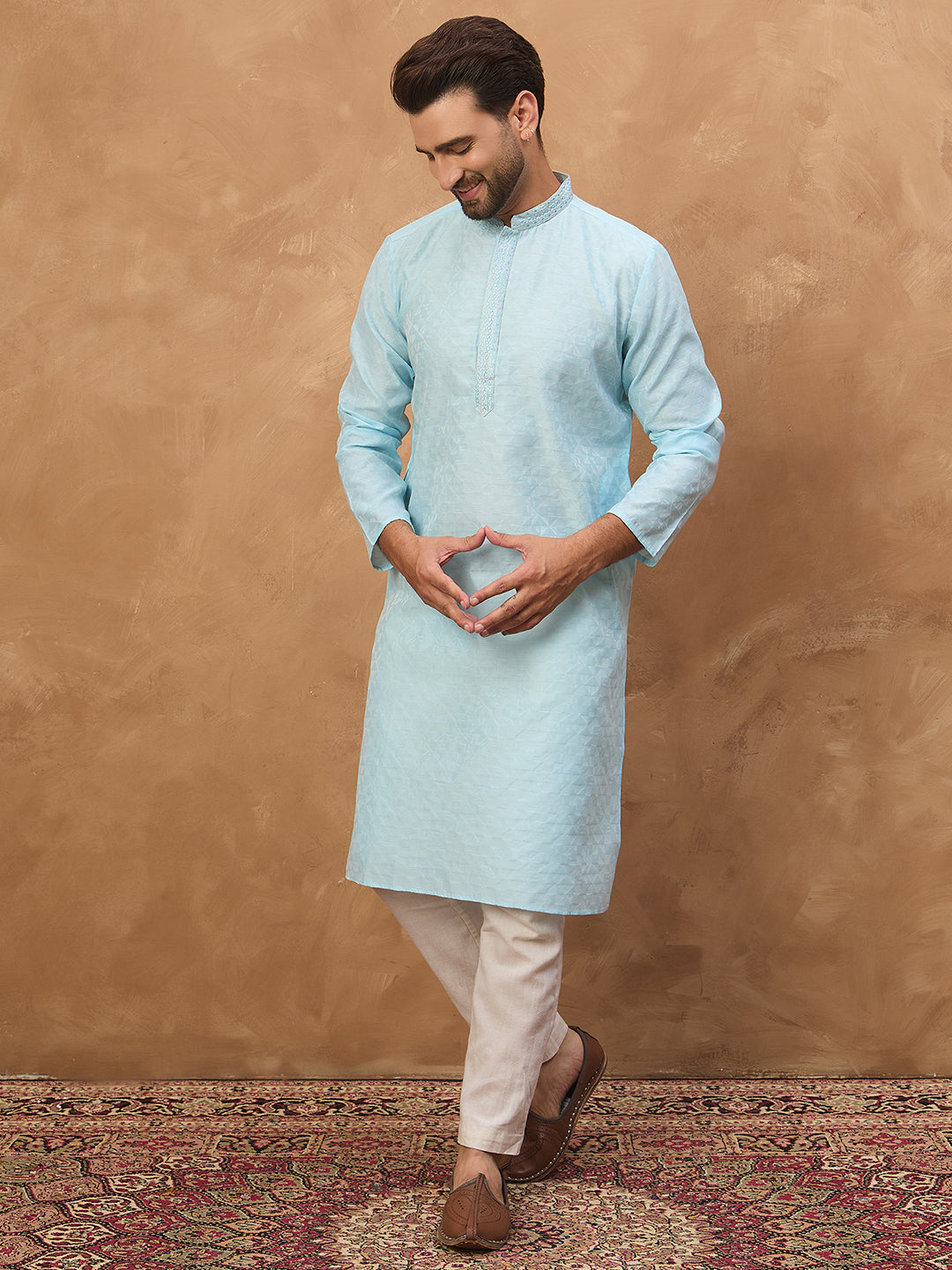 Men Blue Silk Blend Solid Embroidered Straight Kurta-MKU1452