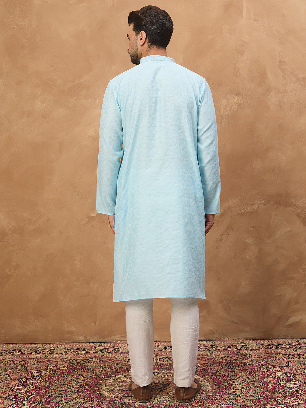 Men Blue Silk Blend Solid Embroidered Straight Kurta-MKU1452