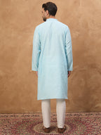 Men Blue Silk Blend Solid Embroidered Straight Kurta-MKU1452