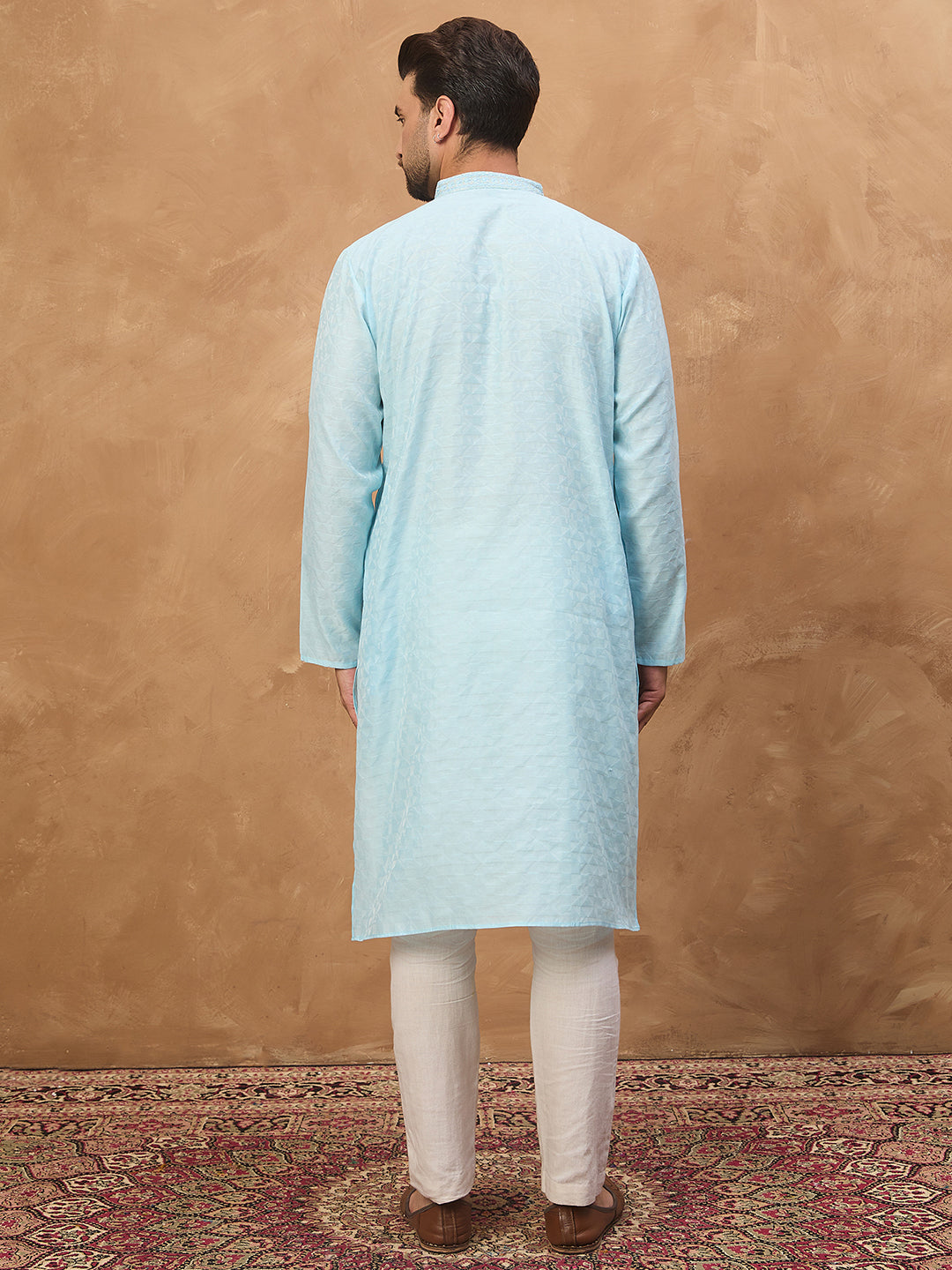 Men Blue Silk Blend Solid Embroidered Straight Kurta-MKU1452