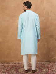 Men Blue Silk Blend Solid Embroidered Straight Kurta-MKU1452