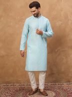 Men Blue Silk Blend Solid Embroidered Straight Kurta-MKU1452