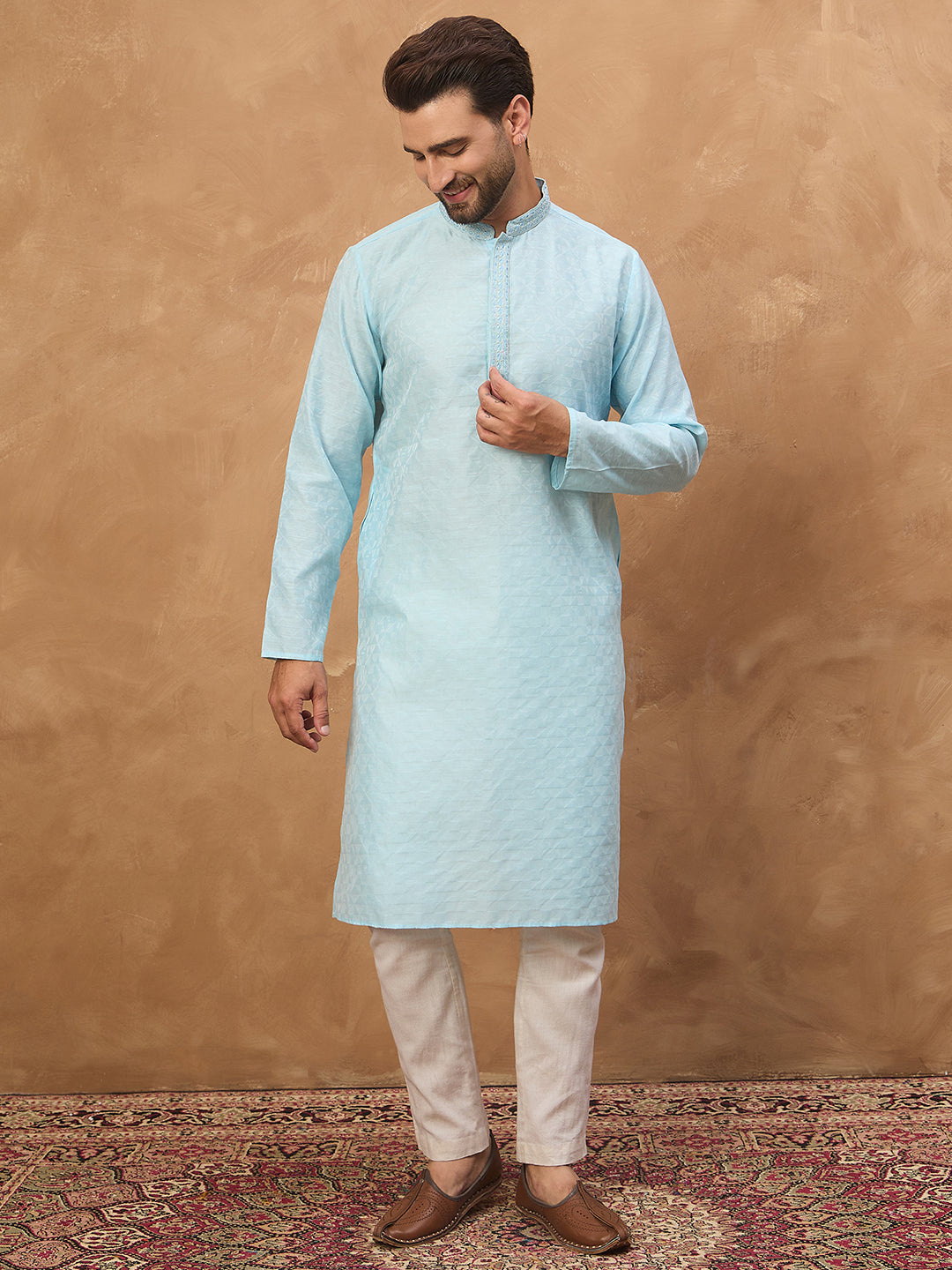 Men Blue Silk Blend Solid Embroidered Straight Kurta-MKU1452