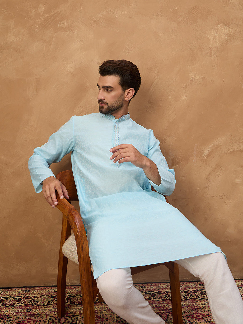Men Blue Silk Blend Solid Embroidered Straight Kurta-MKU1452