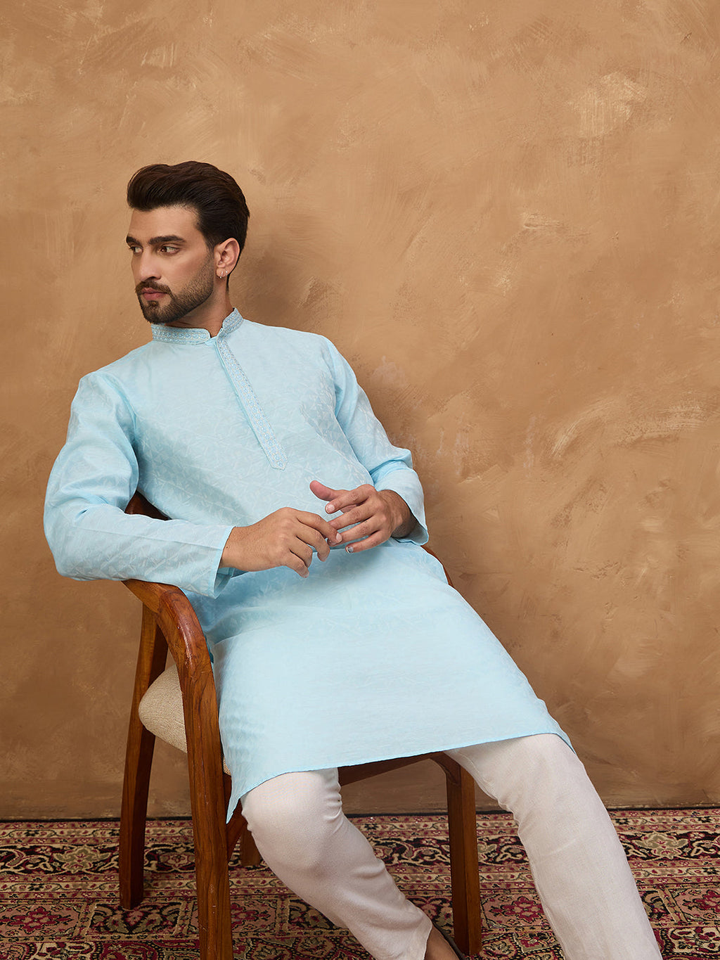 Men Blue Silk Blend Solid Embroidered Straight Kurta-MKU1452