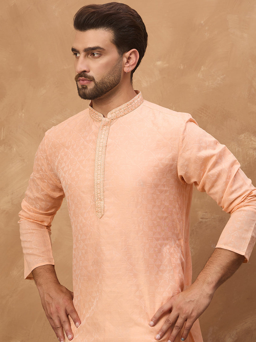 Men Peach Silk Blend Solid Embroidered Straight Kurta-MKU1453