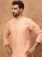 Men Peach Silk Blend Solid Embroidered Straight Kurta-MKU1453