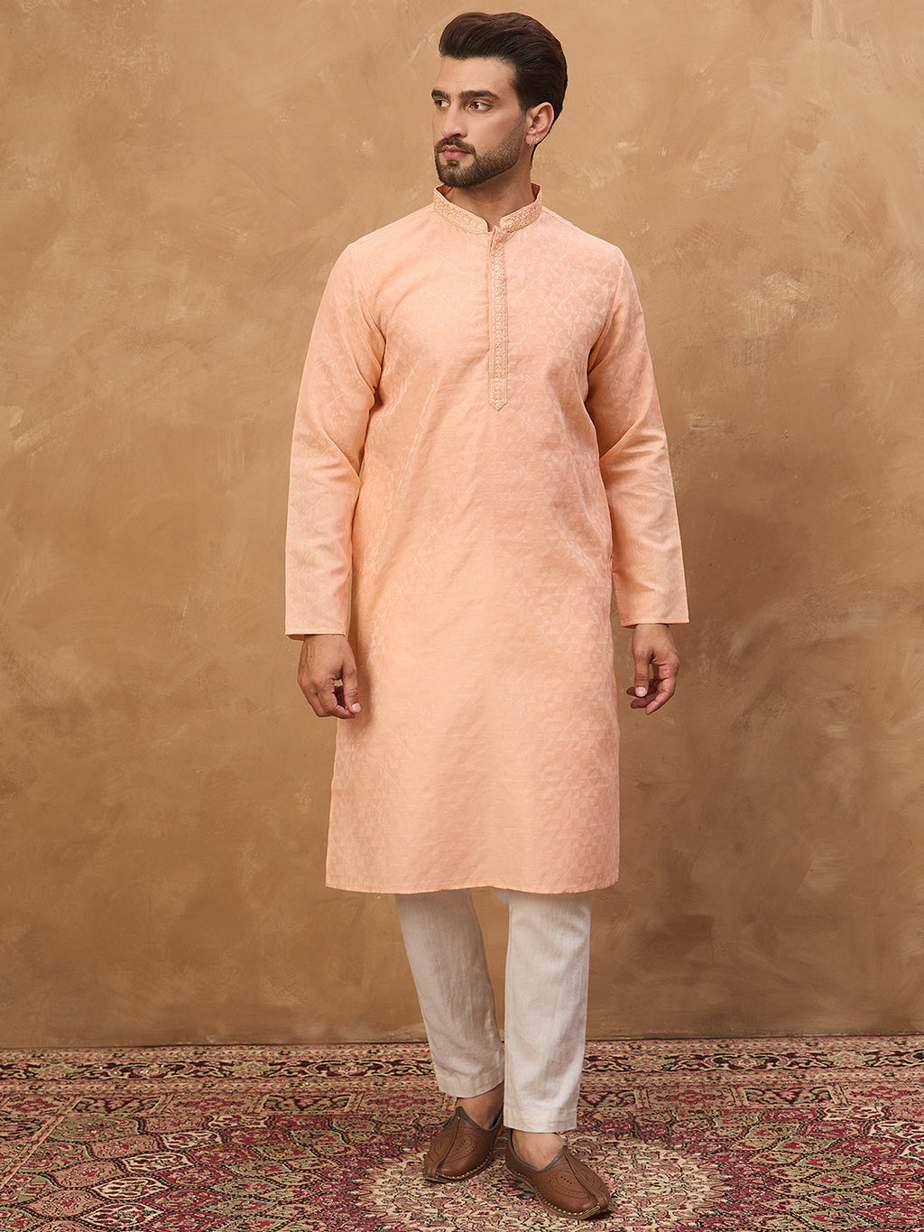 Men Peach Silk Blend Solid Embroidered Straight Kurta-MKU1453