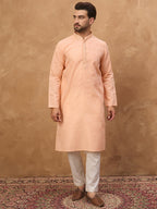 Men Peach Silk Blend Solid Embroidered Straight Kurta-MKU1453