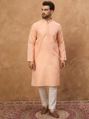 Men Peach Silk Blend Solid Embroidered Straight Kurta-MKU1453