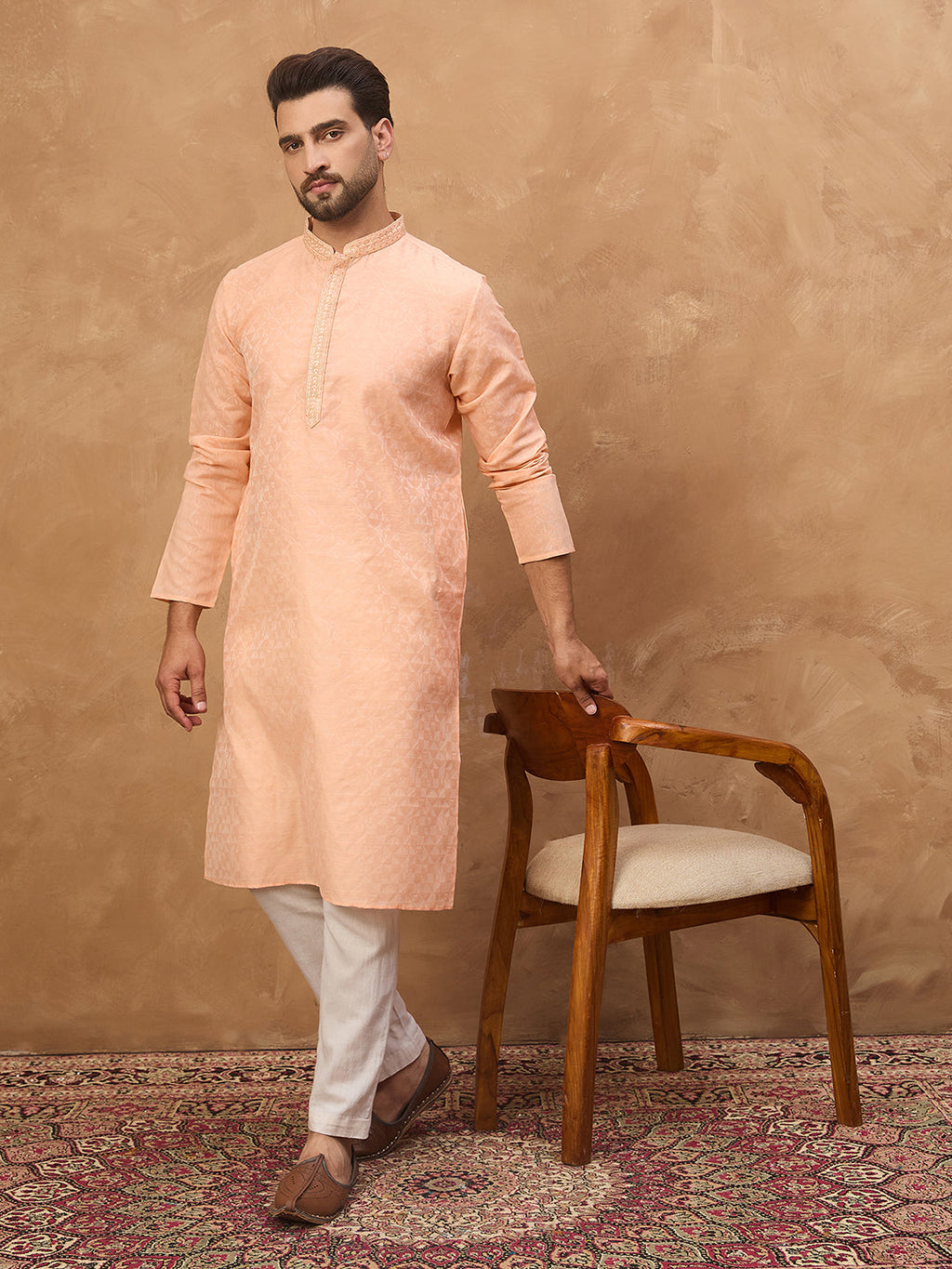 Men Peach Silk Blend Solid Embroidered Straight Kurta-MKU1453