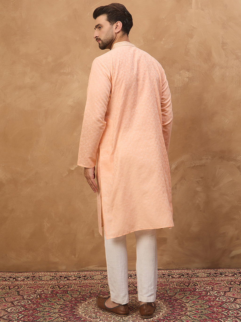 Men Peach Silk Blend Solid Embroidered Straight Kurta-MKU1453
