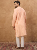 Men Peach Silk Blend Solid Embroidered Straight Kurta-MKU1453