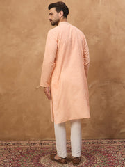 Men Peach Silk Blend Solid Embroidered Straight Kurta-MKU1453