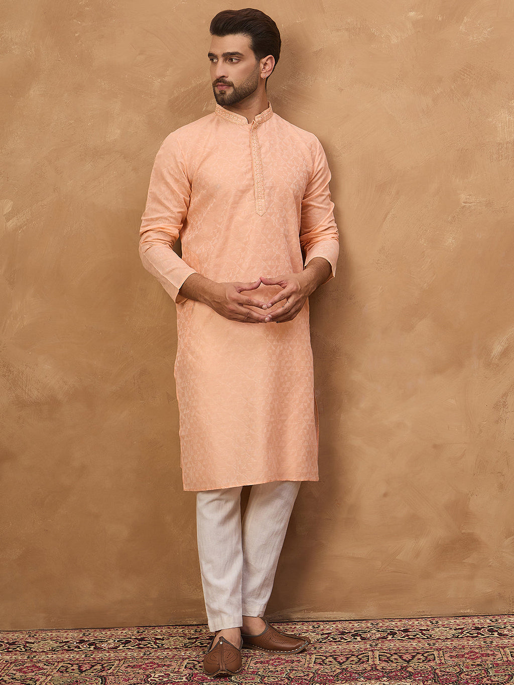 Men Peach Silk Blend Solid Embroidered Straight Kurta-MKU1453