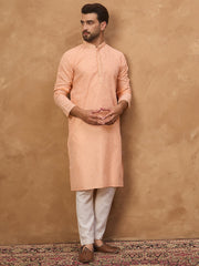 Men Peach Silk Blend Solid Embroidered Straight Kurta-MKU1453