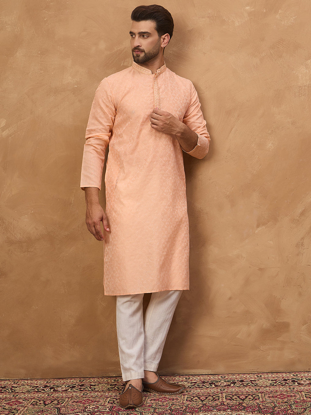 Men Peach Silk Blend Solid Embroidered Straight Kurta-MKU1453