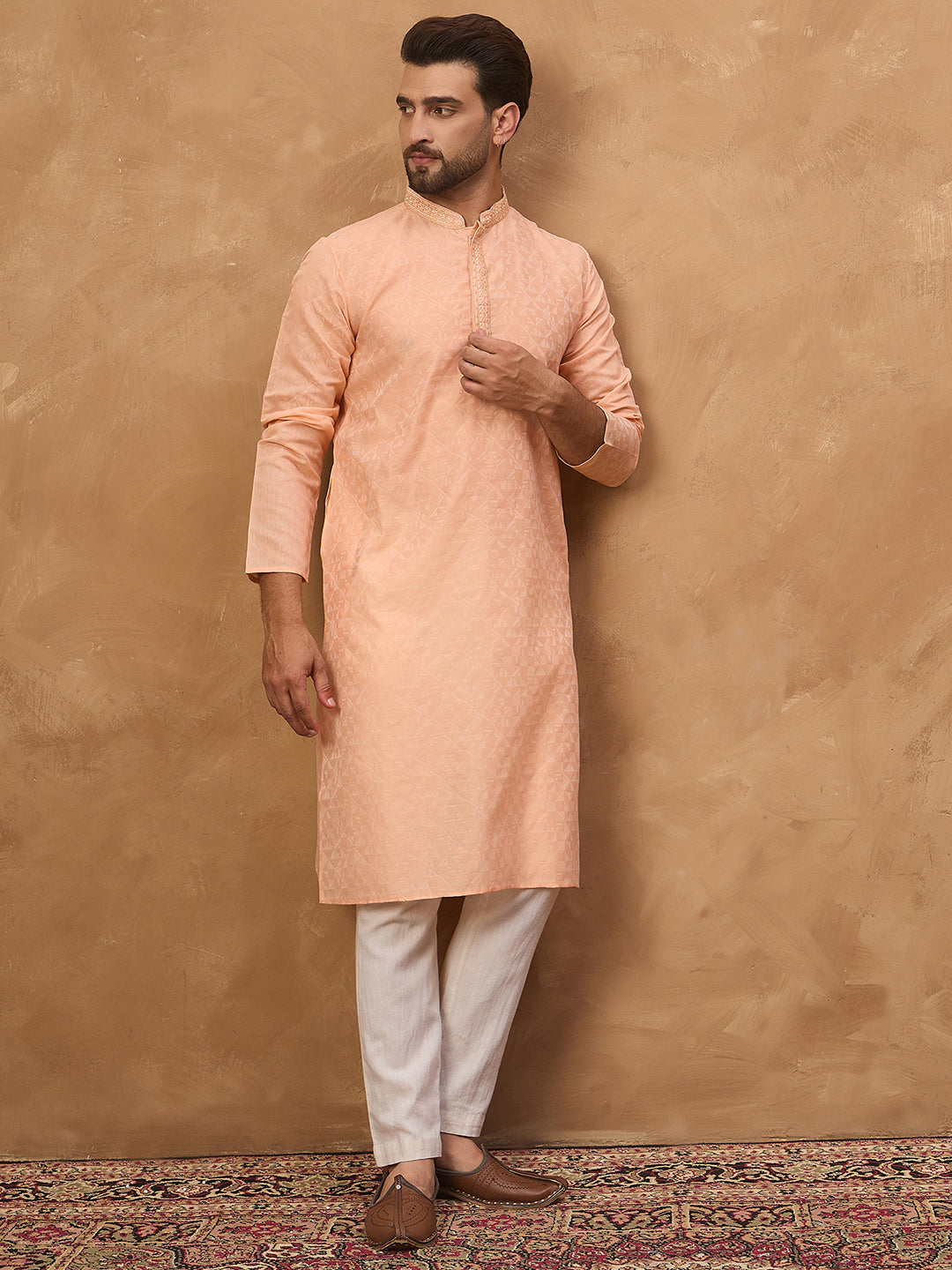 Men Peach Silk Blend Solid Embroidered Straight Kurta-MKU1453
