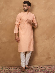Men Peach Silk Blend Solid Embroidered Straight Kurta-MKU1453