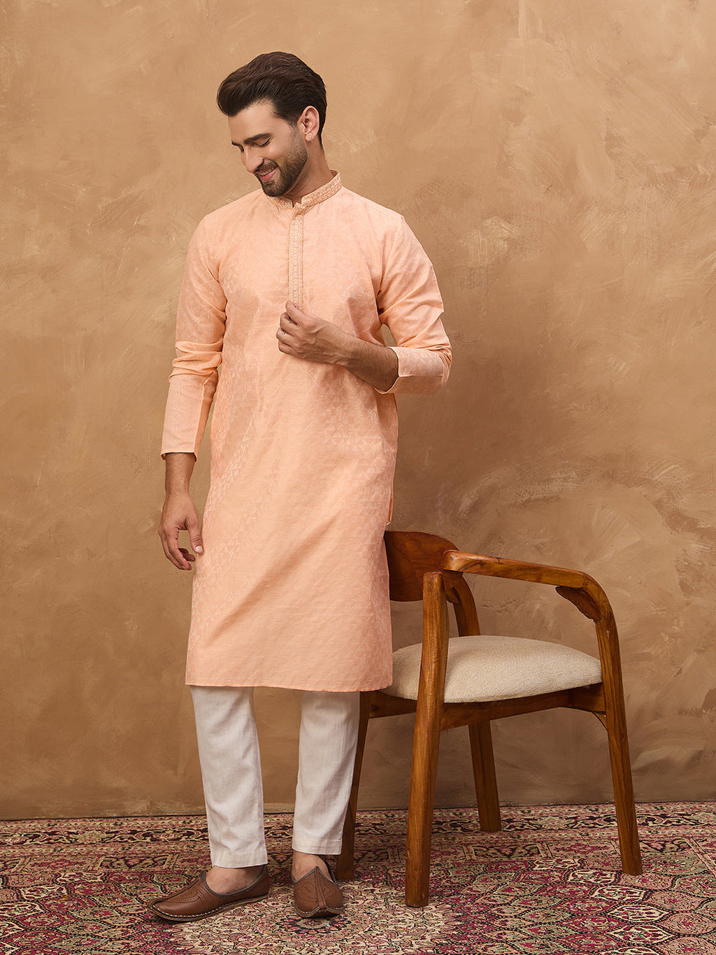 Men Peach Silk Blend Solid Embroidered Straight Kurta-MKU1453