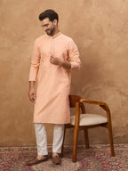 Men Peach Silk Blend Solid Embroidered Straight Kurta-MKU1453