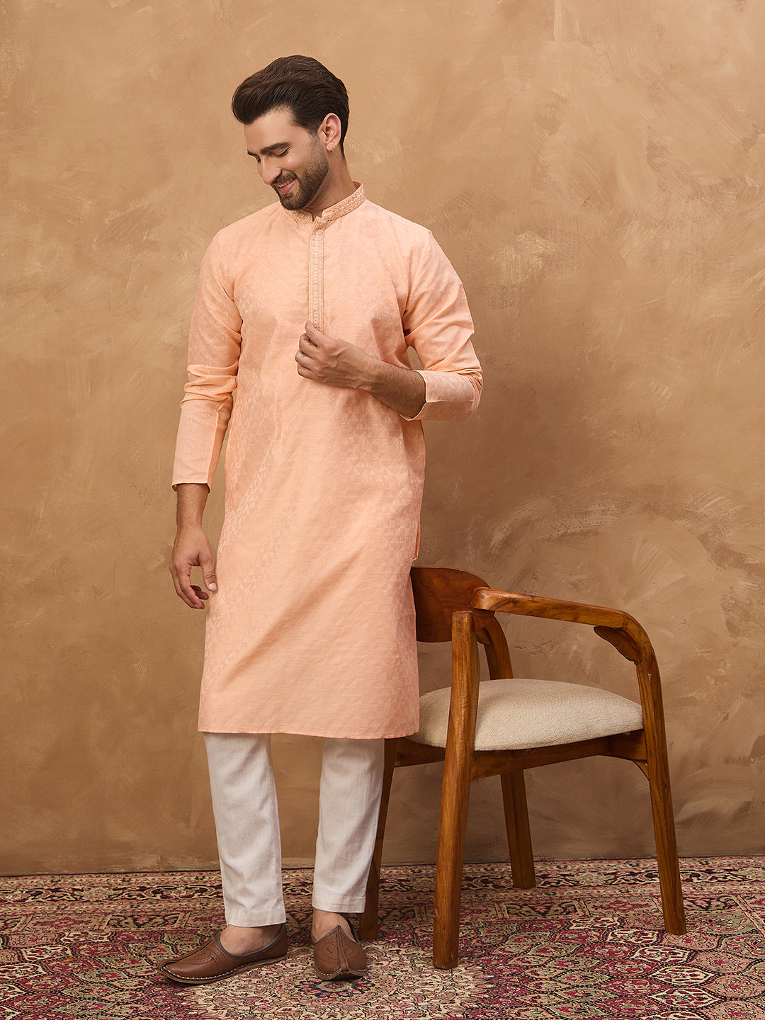 Men Peach Silk Blend Solid Embroidered Straight Kurta-MKU1453