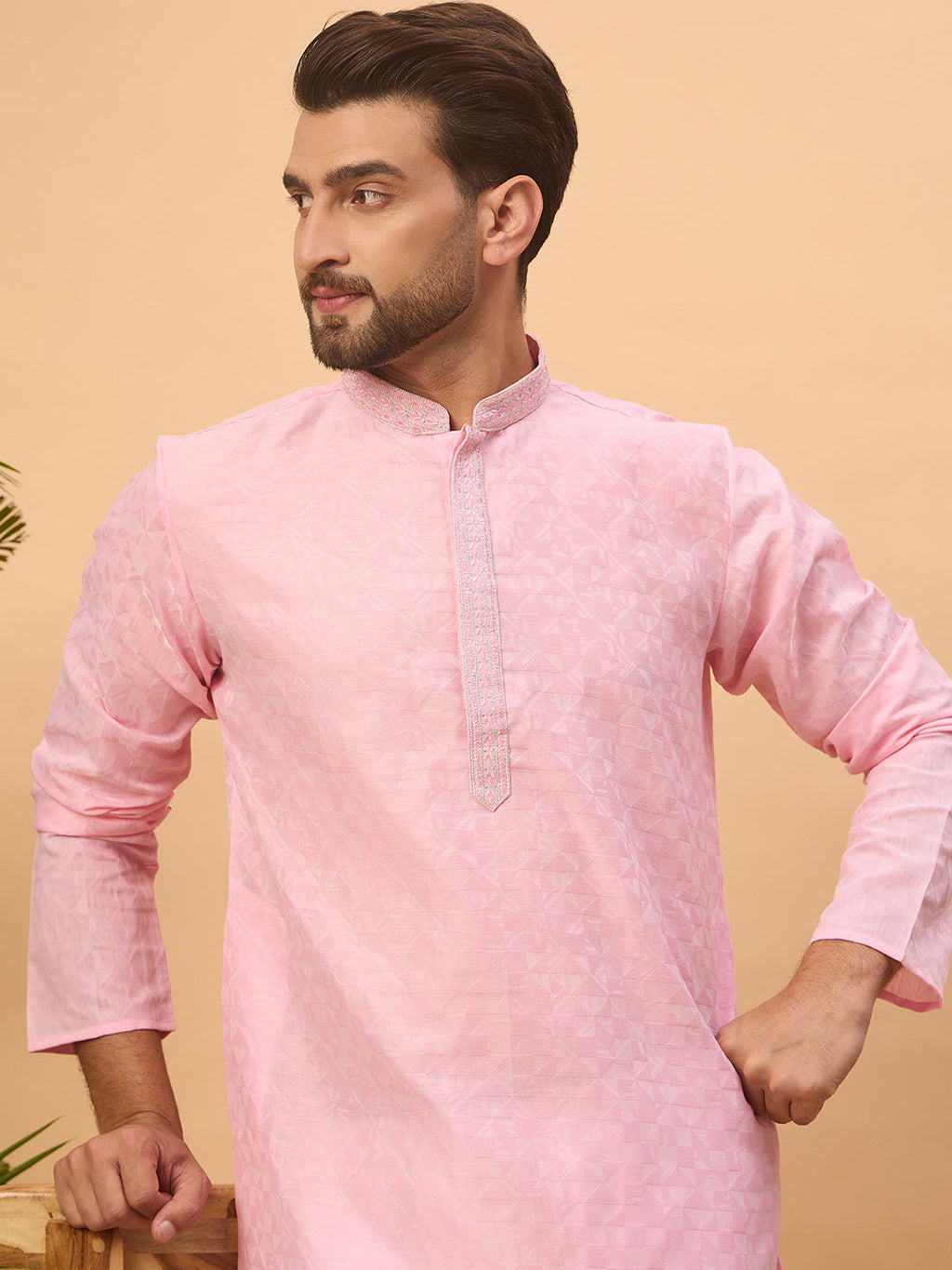 Men Pink Silk Blend Solid Embroidered Straight Kurta-MKU1454