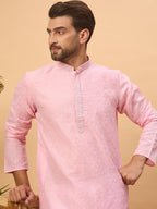 Men Pink Silk Blend Solid Embroidered Straight Kurta-MKU1454