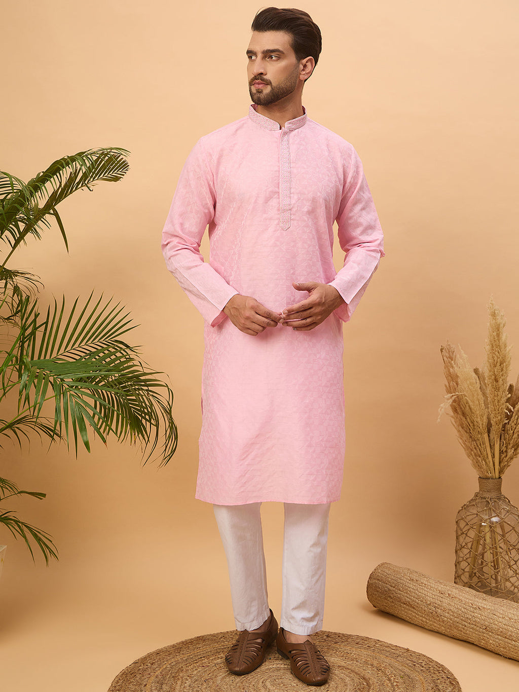 Men Pink Silk Blend Solid Embroidered Straight Kurta-MKU1454