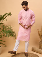 Men Pink Silk Blend Solid Embroidered Straight Kurta-MKU1454